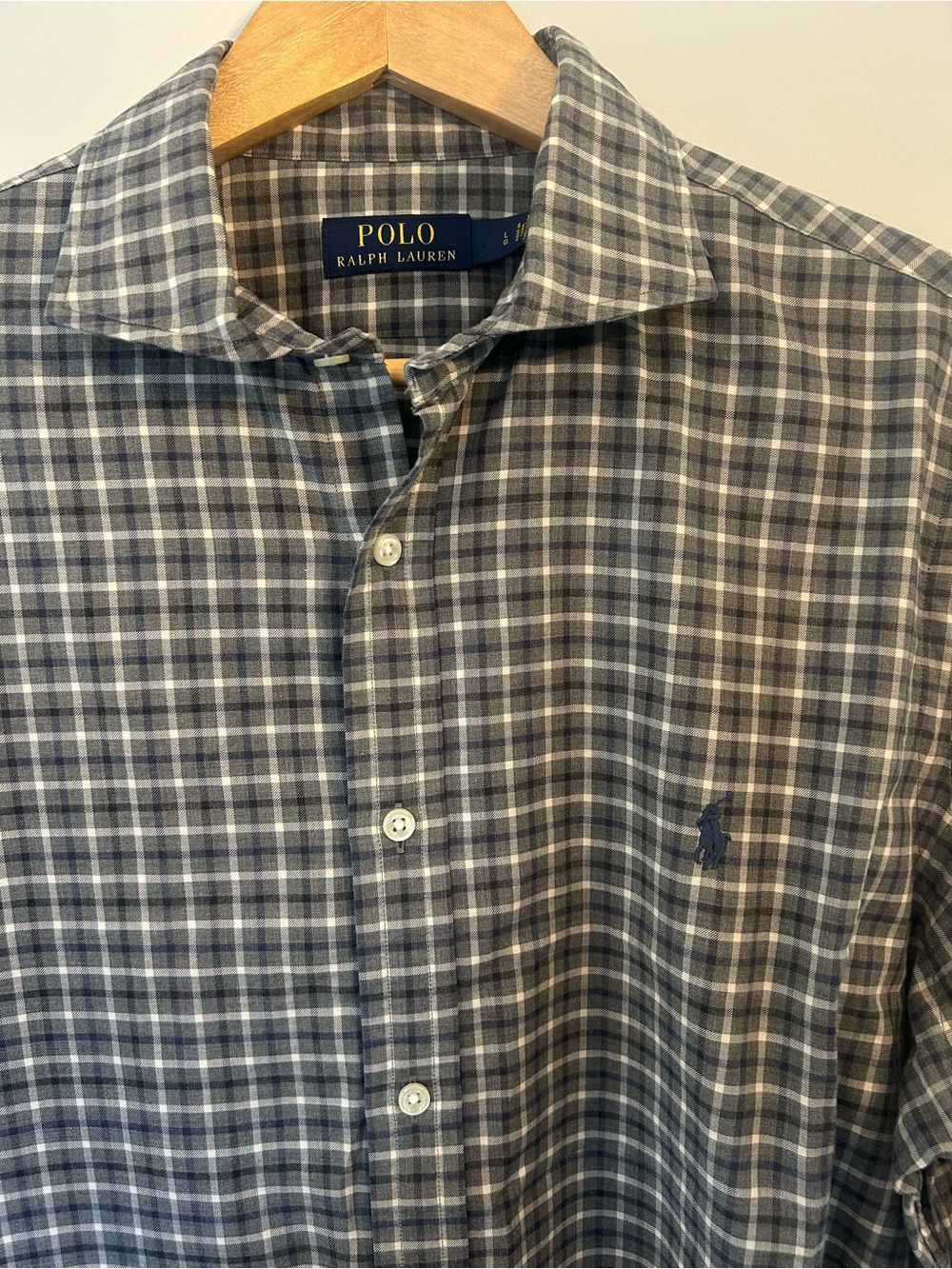 Polo by Ralph Lauren Plaid 100% Cotton Button Up Shirt L Navy Blue Grey Preppy
